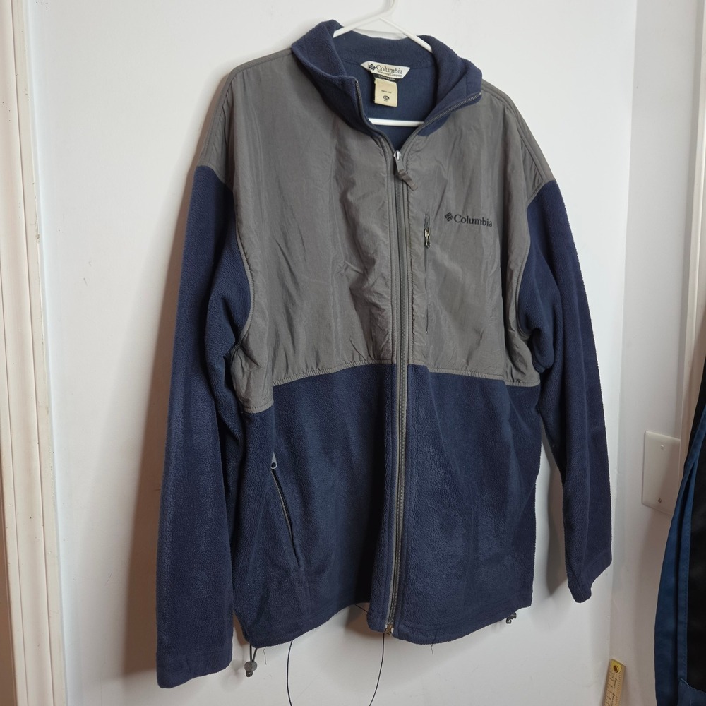 Columbia Mens XXL Full Zip Fleece Jacket Navy Grey Colorblock Hiking Coat